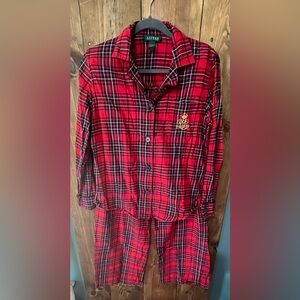 Lauren Ralph Lauren Women’s  2pc Red Plaid Pajama Set Leopard Trim Sz M Cotton